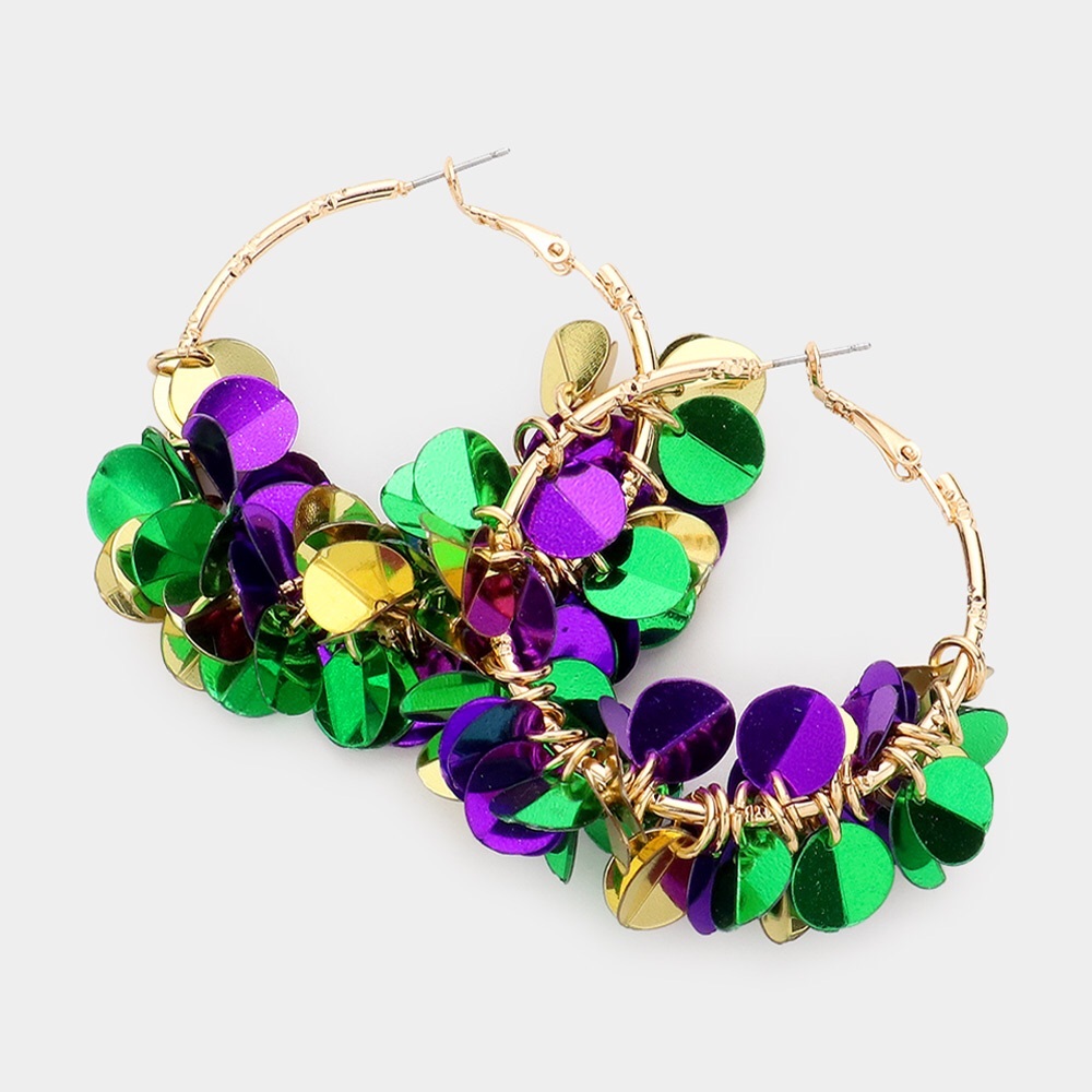 Gold Mardi Gras Sequin Hoop Statement Earrings